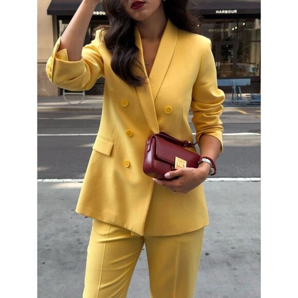 Zara Jackets & Blazers - Zara Womens Blazer M Yellow Double Breasted Tuxedo Polyester Jacket 2665/797 NWT